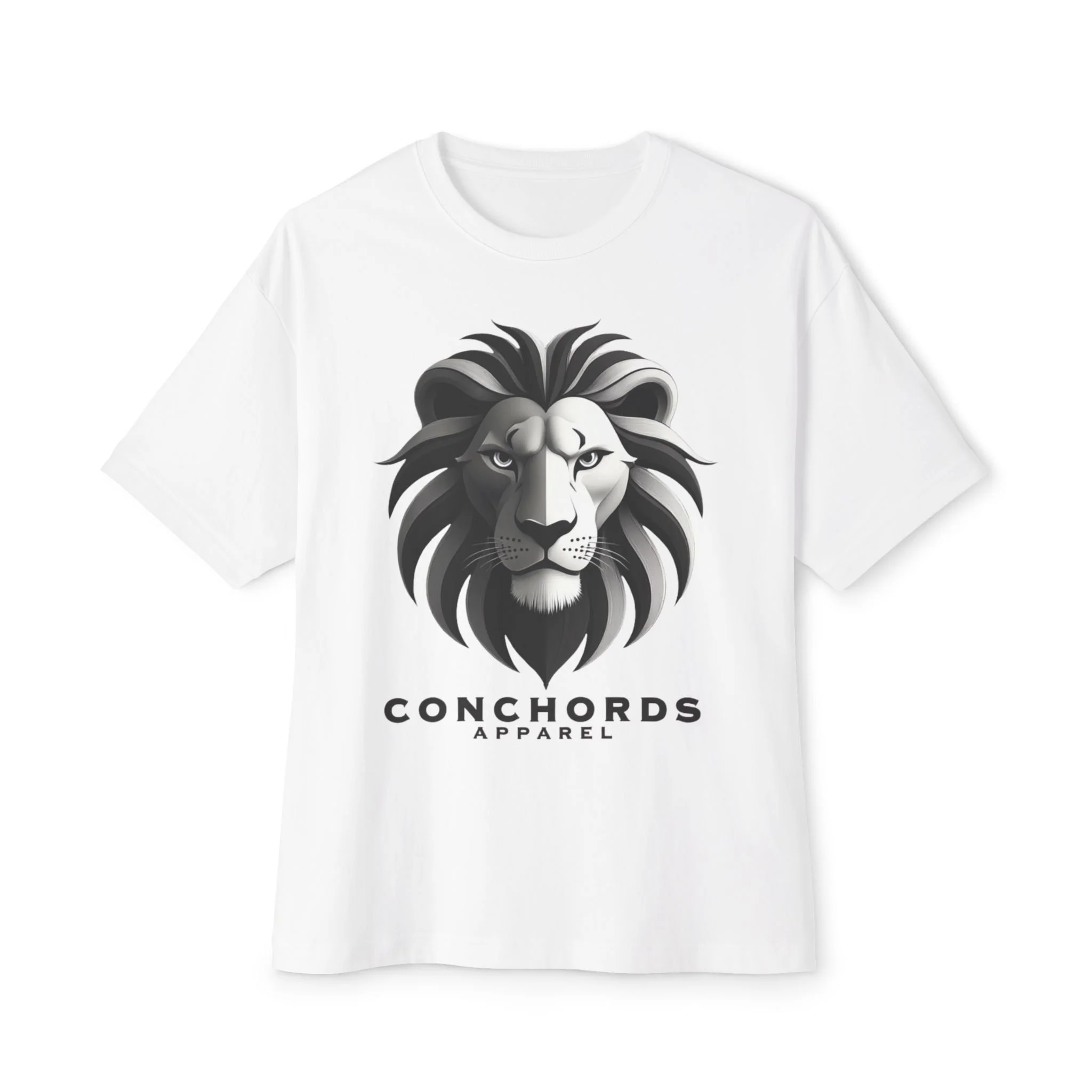 White T-shirt featuring a black and white graphic of a lion's face with the text 'CONCHORDS APPAREL' underneath.