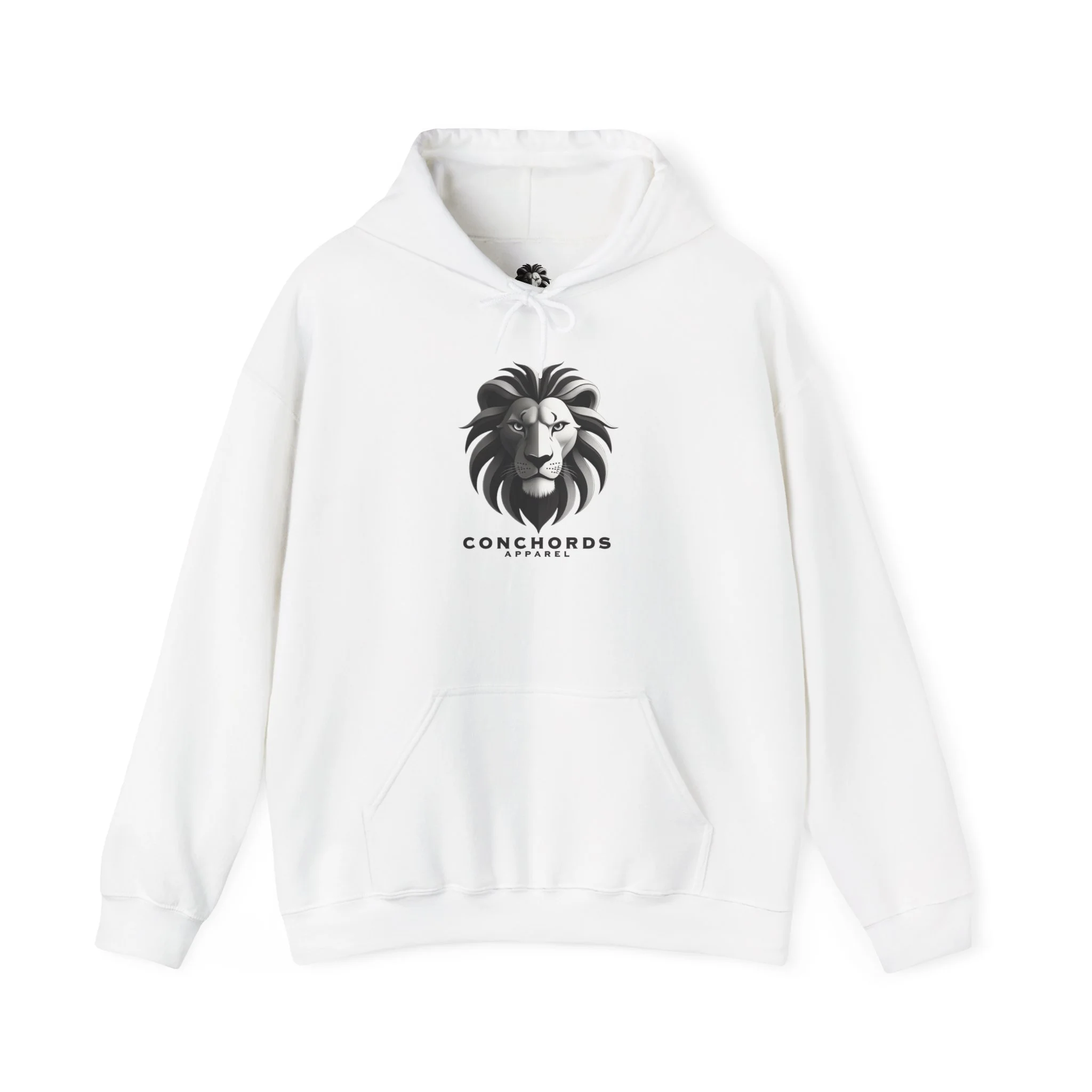 A white hoodie with a black and white lion logo and the text 'Conchords Apparel' underneath.