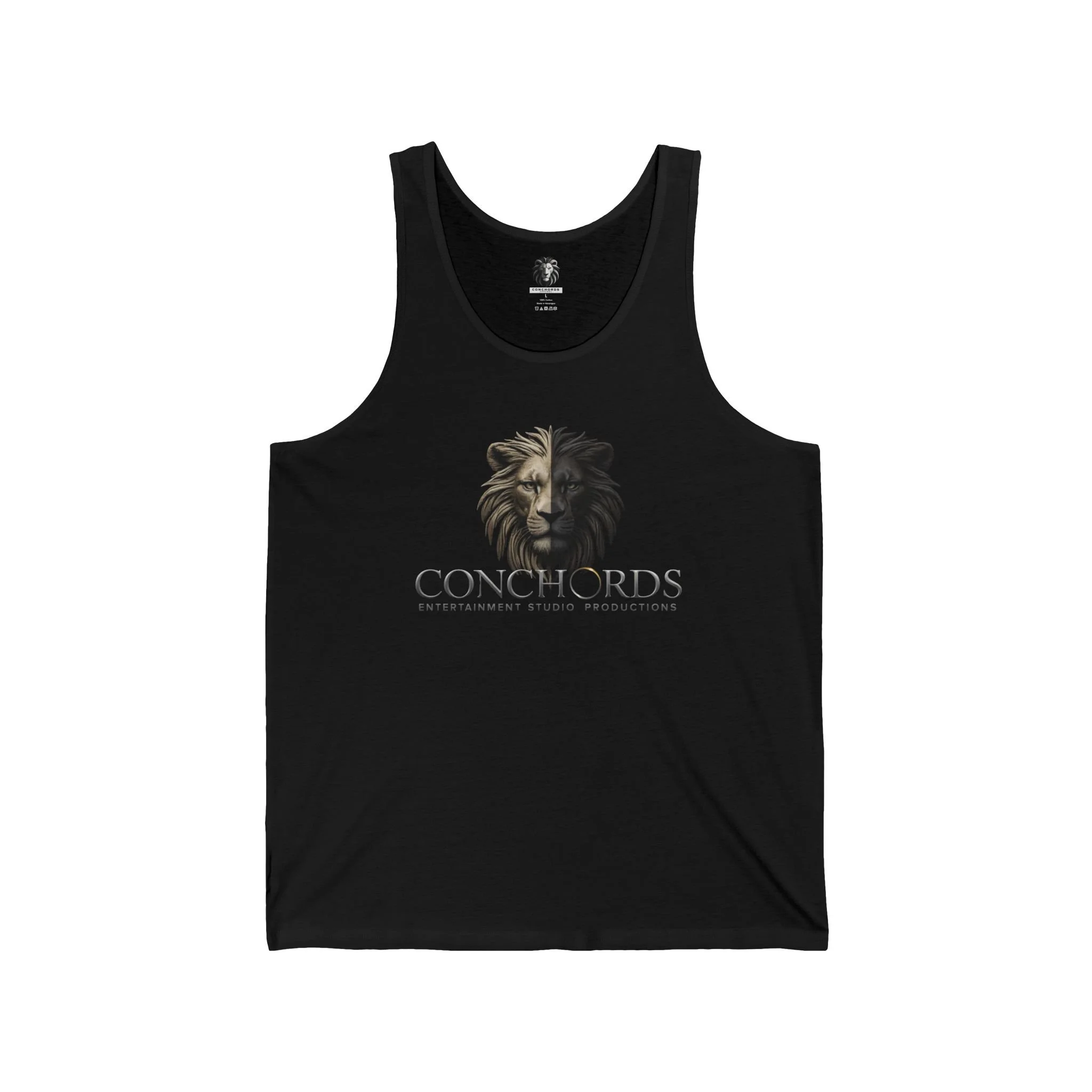 Black tank top with a lion's face and the word 'CONCHORDS' printed below it.