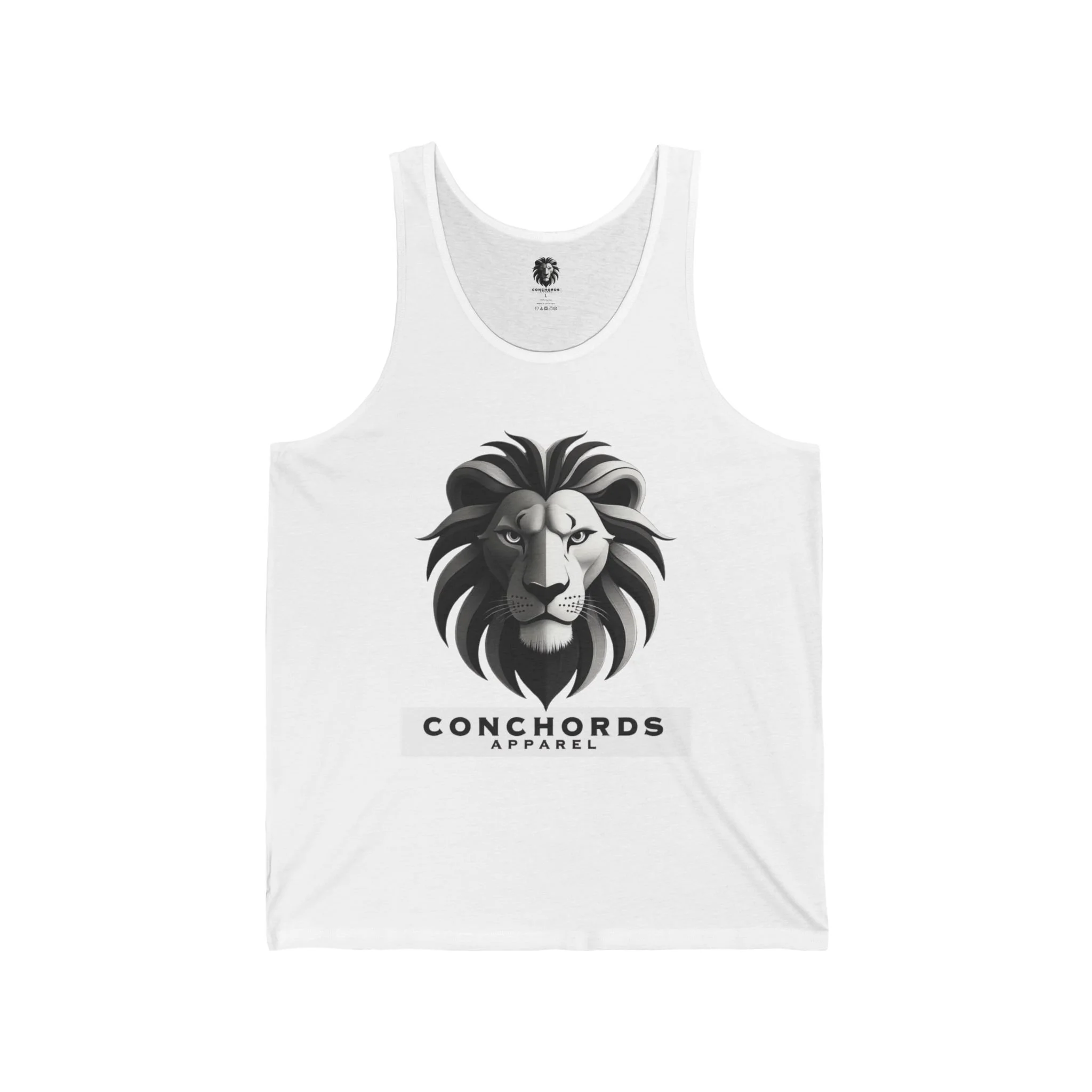 White tank top with a graphic of a lion's face and the text "CONCHORDS APPAREL" underneath.