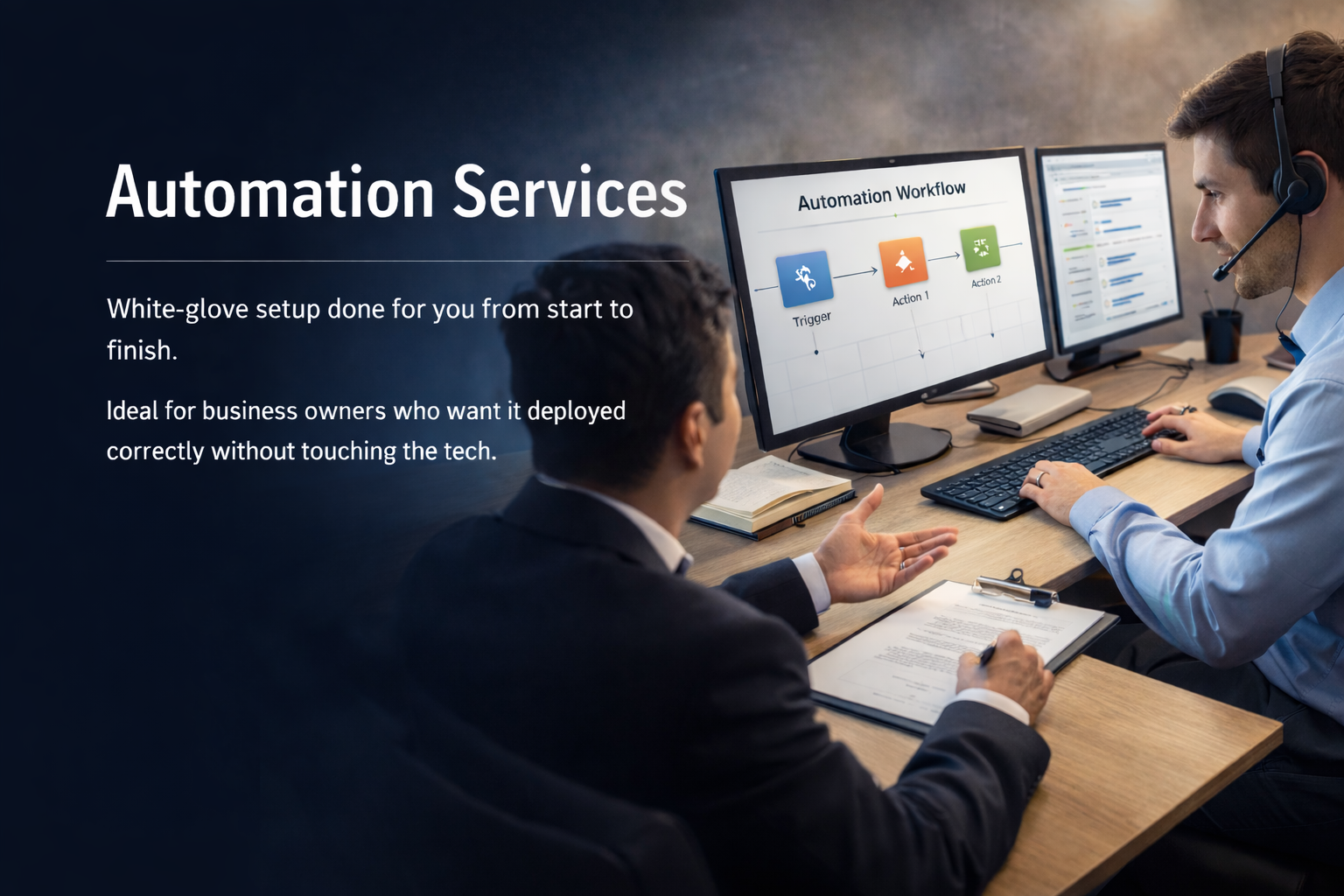 Two men in business attire working at a desk with dual monitors, one showing an automation workflow diagram, during a training or consultation session.
