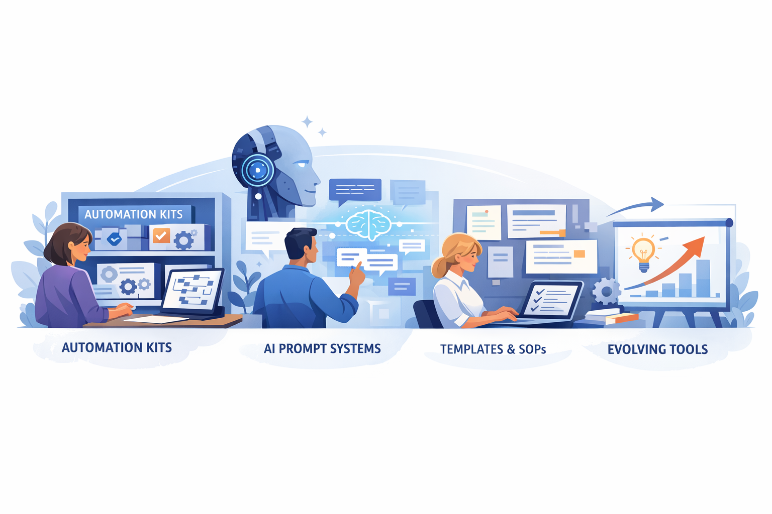 A digital illustration showing four people working on automation and AI tools, with labels for automation kits, AI prompt systems, templates & SOPs, and evolving tools.