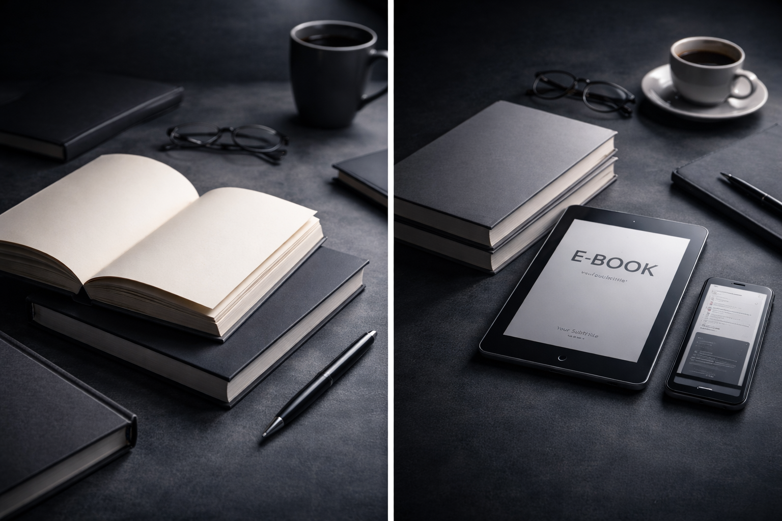 Comparison of two work desks: the left with blank open book, closed books, glasses, black coffee mug, black notebook, and pen; the right with stack of books, coffee mug, glasses, pen, electronic tablet displaying 'E-BOOK,' and smartphone showing a reading app.