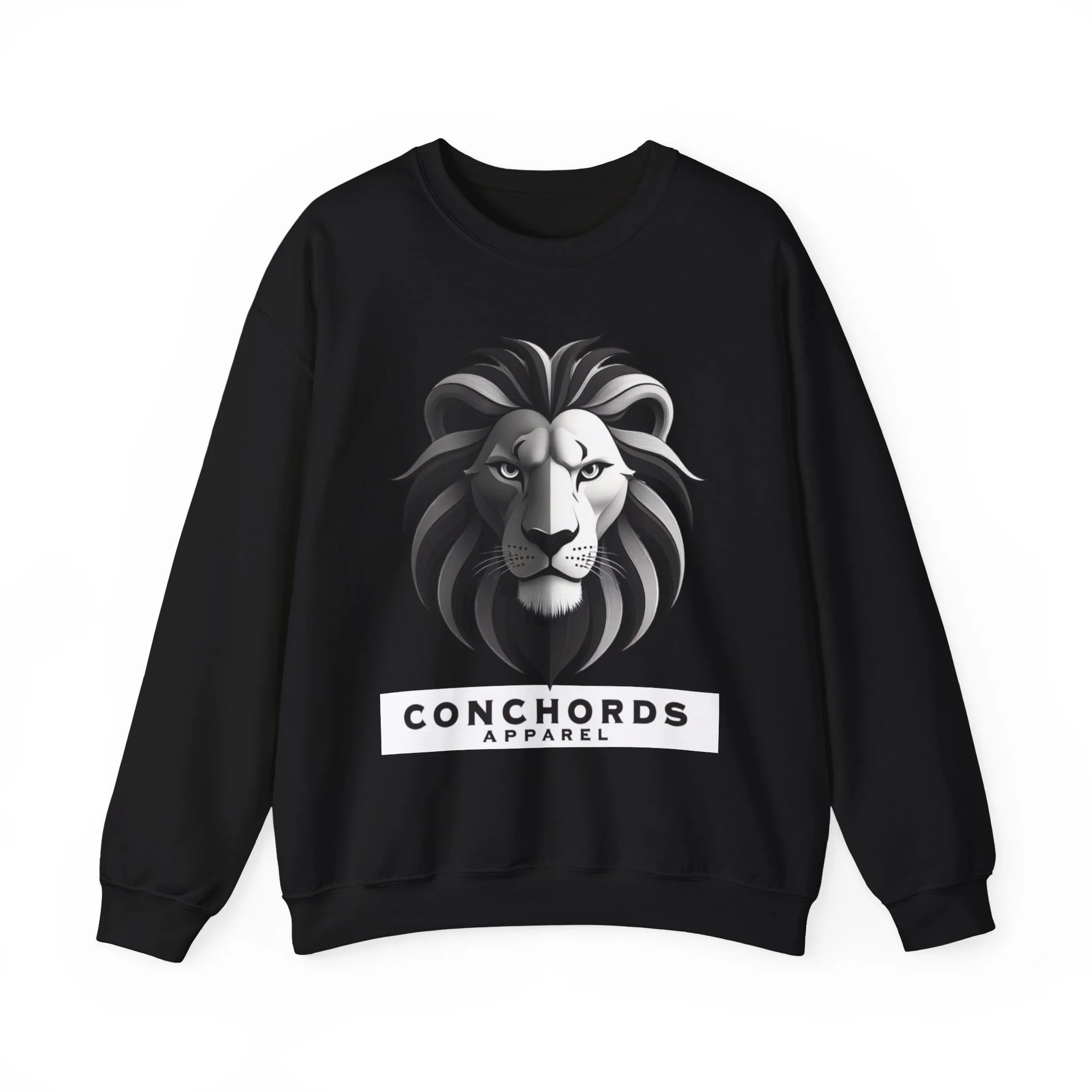 Black sweatshirt with a graphic of a lion's head and the text 'Conchords Apparel' underneath.