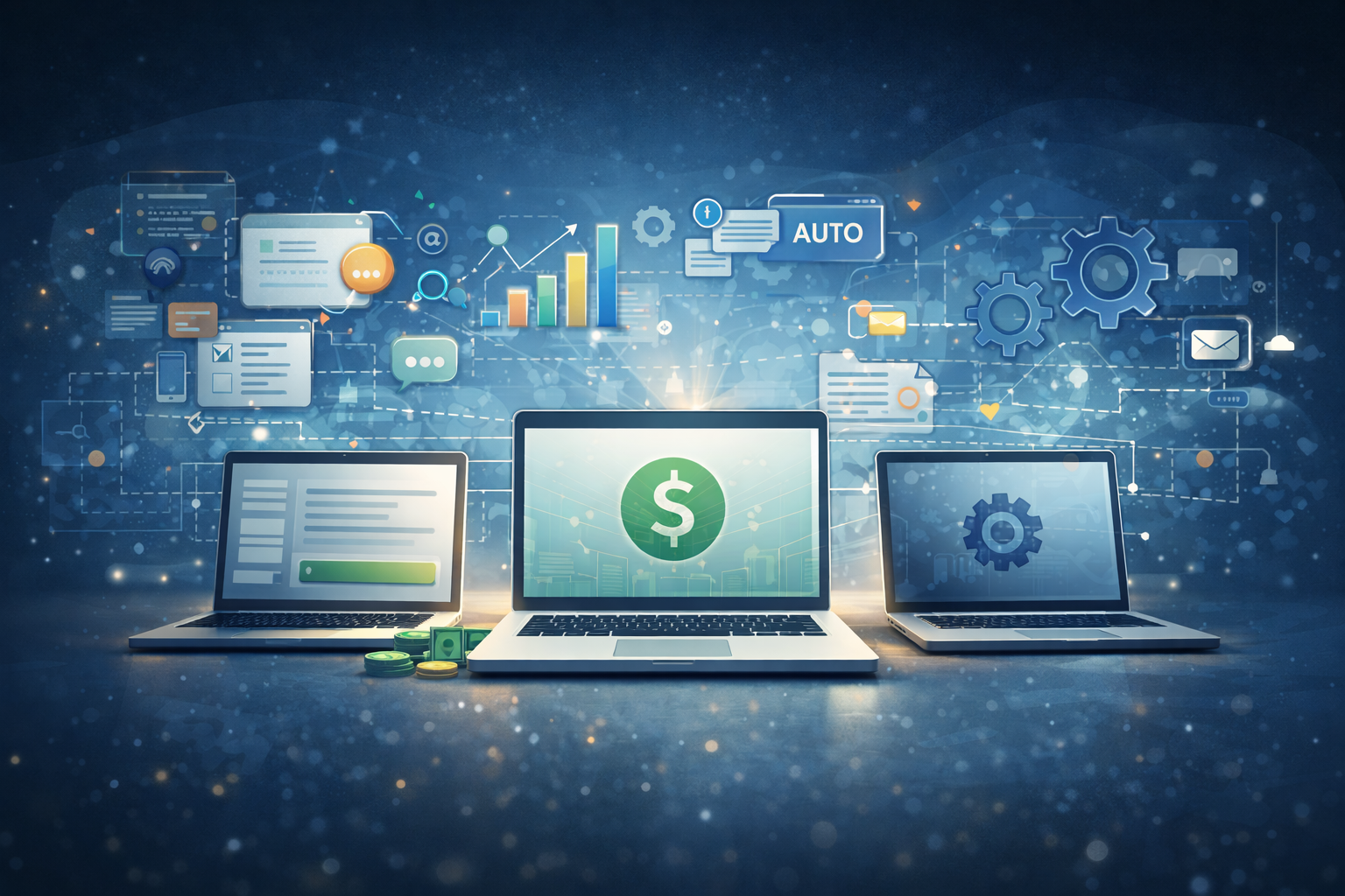 Digital illustration of three laptops with financial and technical icons, graphs, dollar sign, gears, and communication symbols floating above. The central laptop displays a dollar symbol, with coins and cash nearby, indicating finance and technology integration.