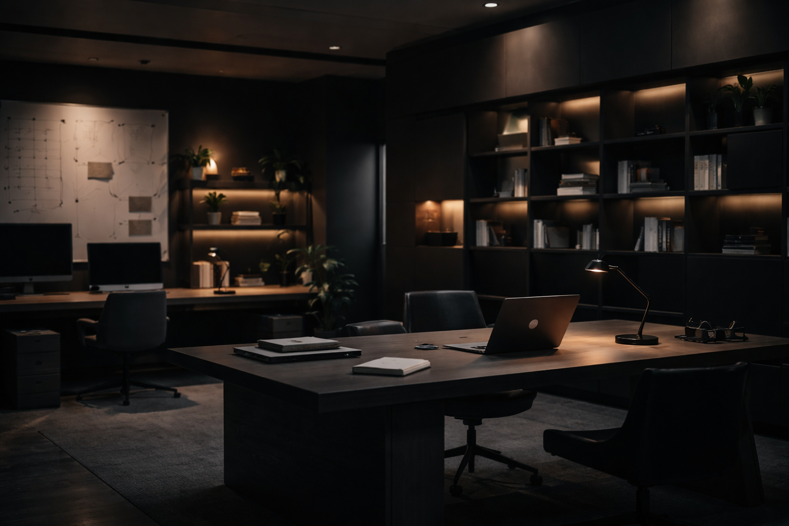 Dark, modern office with a large wooden desk, laptop, desk lamp, and chairs. Shelves with books, plants, and warm lighting in the background.