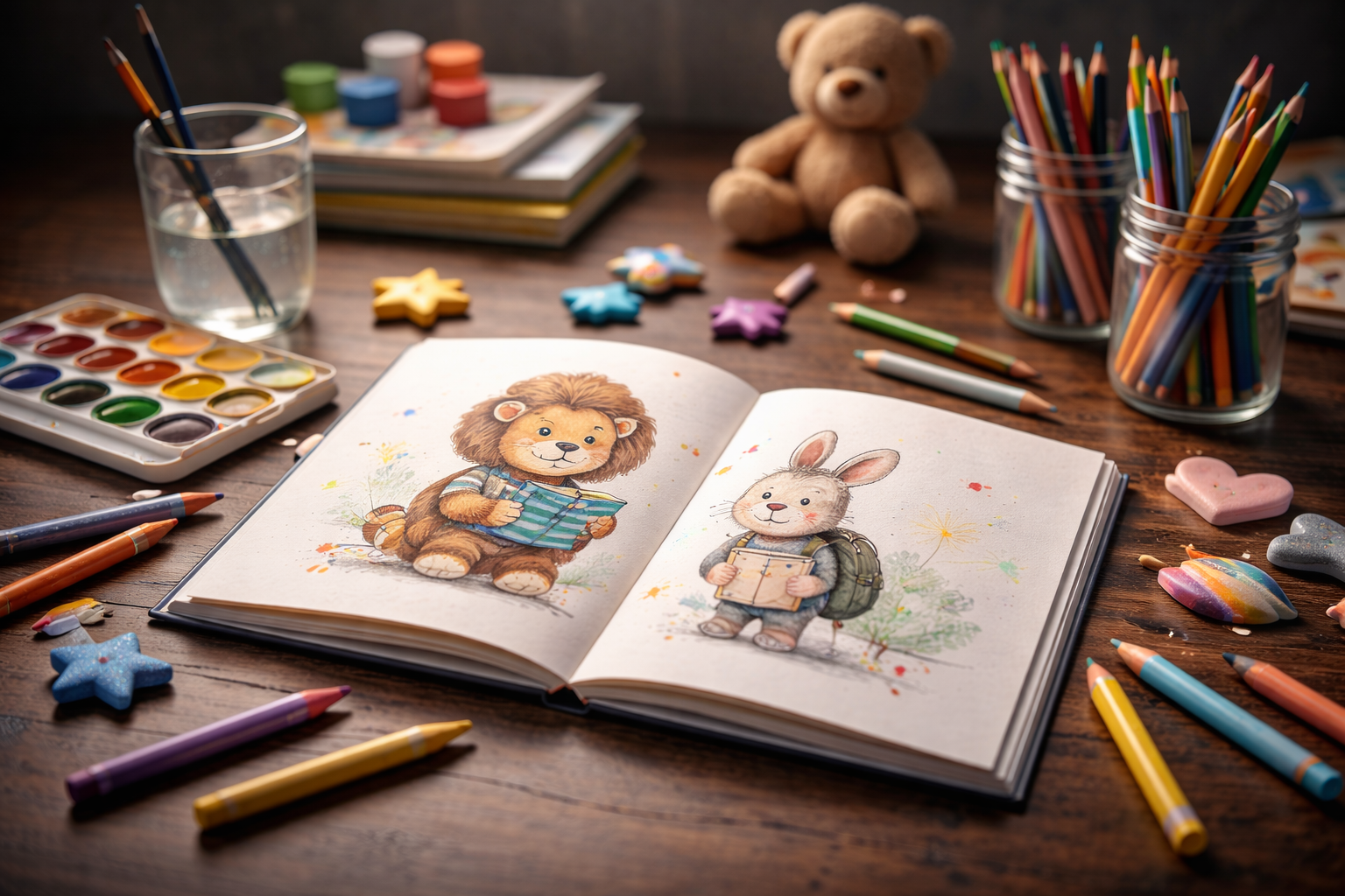 Open sketchbook with illustrations of a lion and a rabbit, surrounded by watercolor paints, colored pencils, a glass of water, a plush teddy bear, and various art supplies on a wooden table.