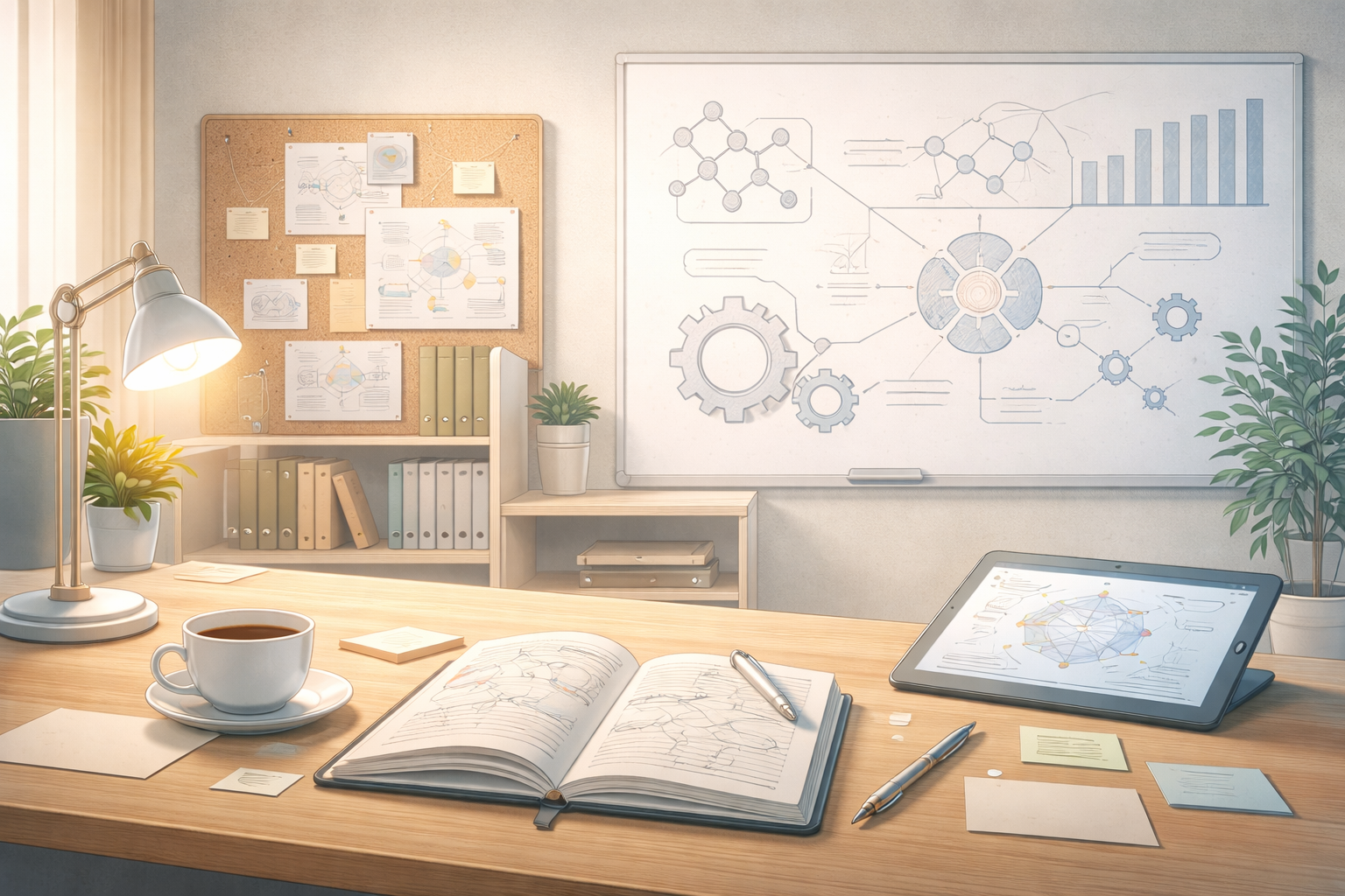 A well-organized office desk featuring a cup of coffee, an open notebook with diagrams, pens, sticky notes, a tablet showing a network diagram, and two potted plants. In the background, a whiteboard displays flowcharts and diagrams, and a corkboard holds papers and notes. The room is illuminated by a desk lamp and natural light from a window.