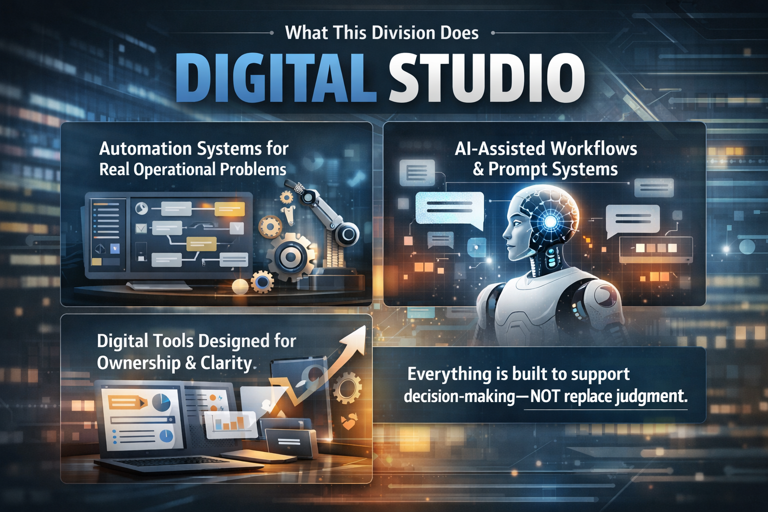 Infographic titled 'What This Division Does: DIGITAL STUDIO,' with sections on automation systems for operational problems, AI-assisted workflows with a robot image, digital tools for ownership and clarity, and a note that the system supports decision-making but does not replace judgment.