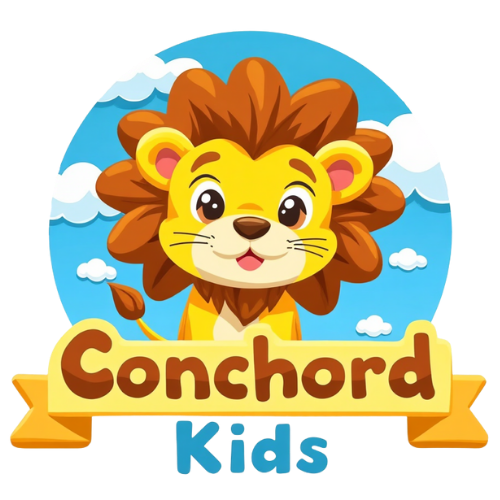 Cartoon lion with a mane, smiling and winking, surrounded by clouds against a bright blue sky, with the words "Conchord Kids" beneath it.