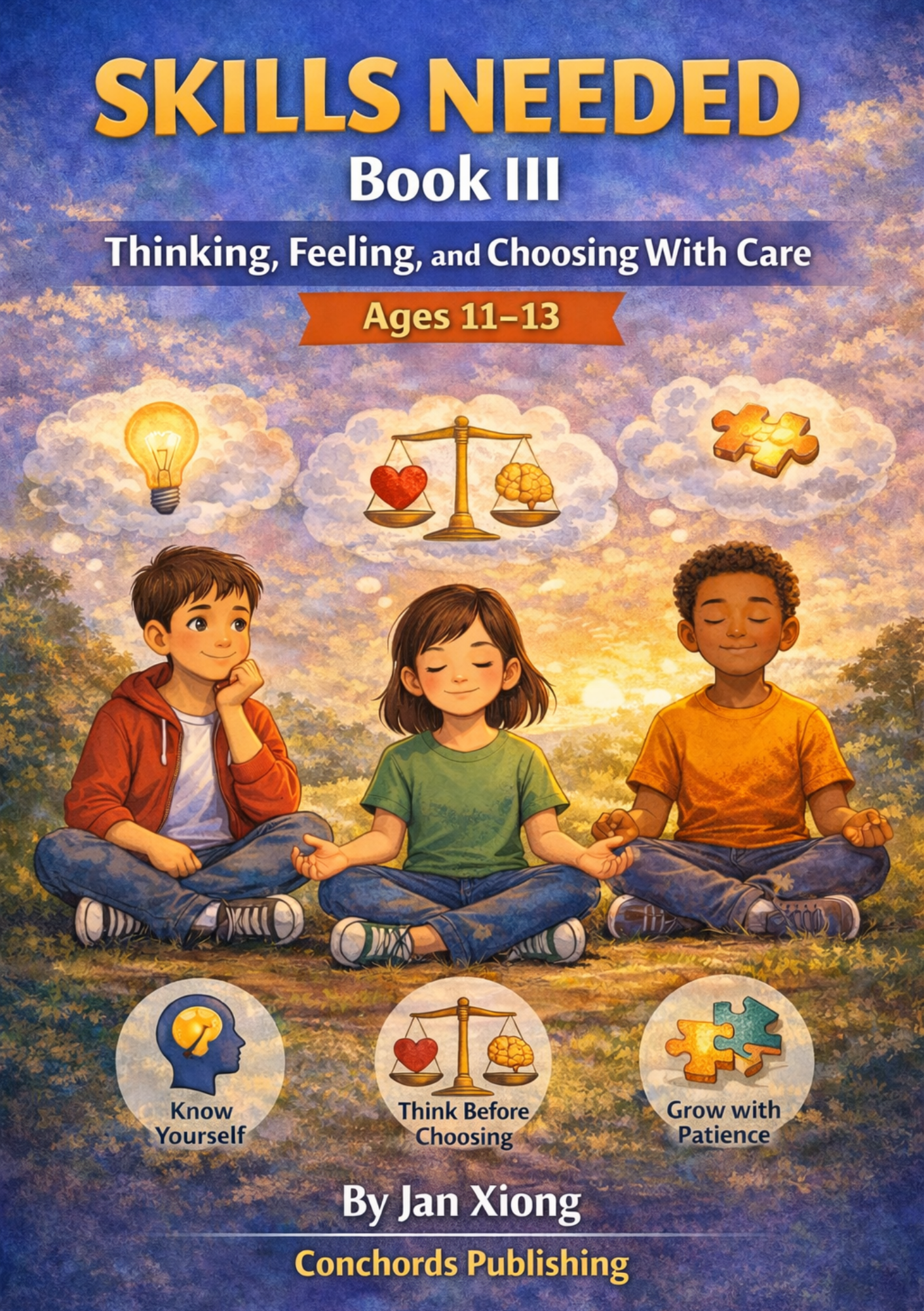 Book cover titled "Skills Needed Book III: Thinking, Feeling, and Choosing With Care" for ages 11-13. Features three children sitting cross-legged outdoors with a sunset sky; symbols above them include a light bulb, a heart and brain on a scale, and puzzle pieces. Icons at the bottom show a mind with a light bulb, a scale with a heart and brain, and interconnected puzzle pieces. Author: Jan Xiong, publisher: Conchords Publishing.
