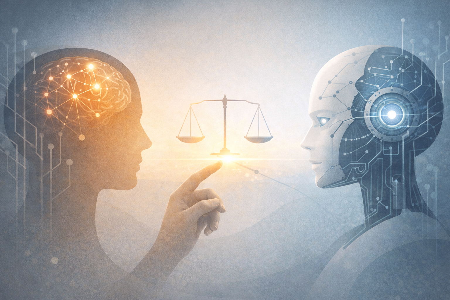 Illustration of a human brain with neural connections on the left, and a robot's head with circuitry on the right, with a balance scale and a finger touching the scale in the center.