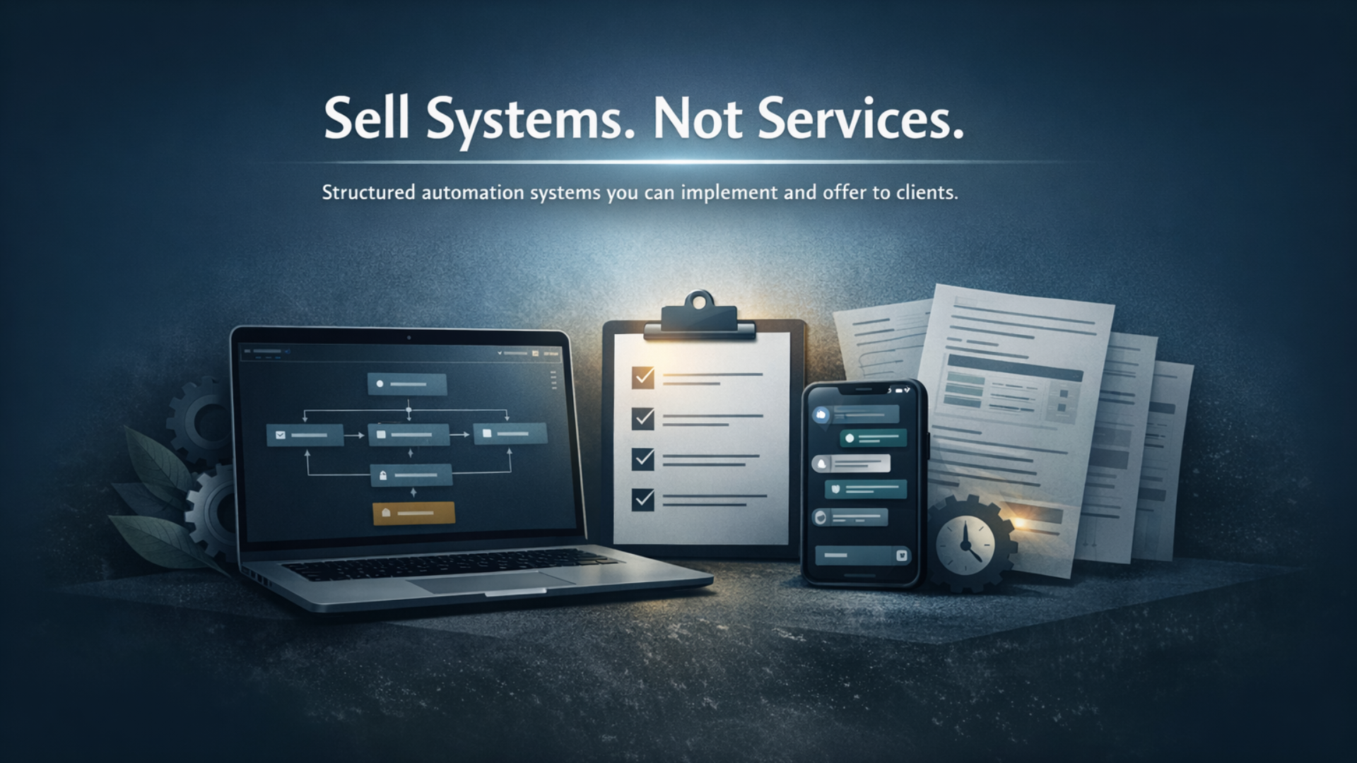 Digital illustration promoting automation systems, featuring a laptop, clipboard with checkboxes, smartphone with app notifications, and documents with gears in the background, under a dark blue gradient with the text 'Sell Systems. Not Services.'