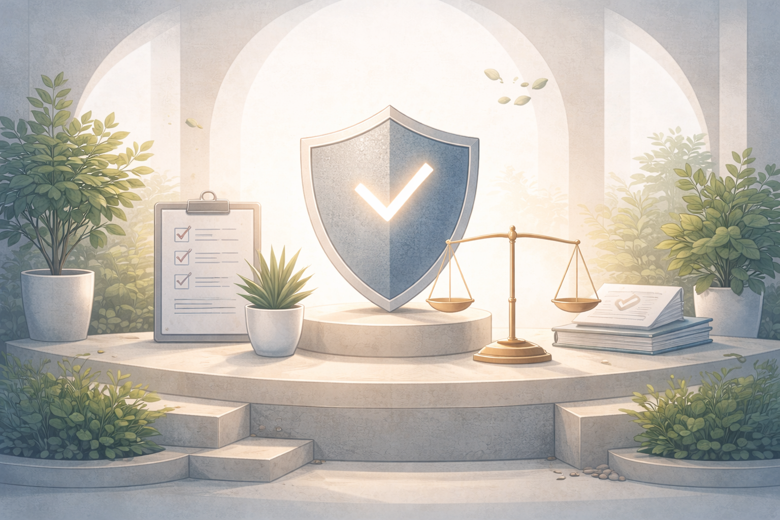 A symbolic illustration of security and trust with a shield featuring a checkmark, scales of justice, potted plants, documents with checkmarks, and a bright background.