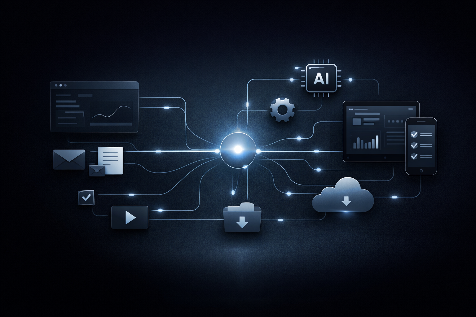 Digital illustration of a central glowing node connected to various icons representing data analysis, AI, cloud storage, and communication in a technological network.
