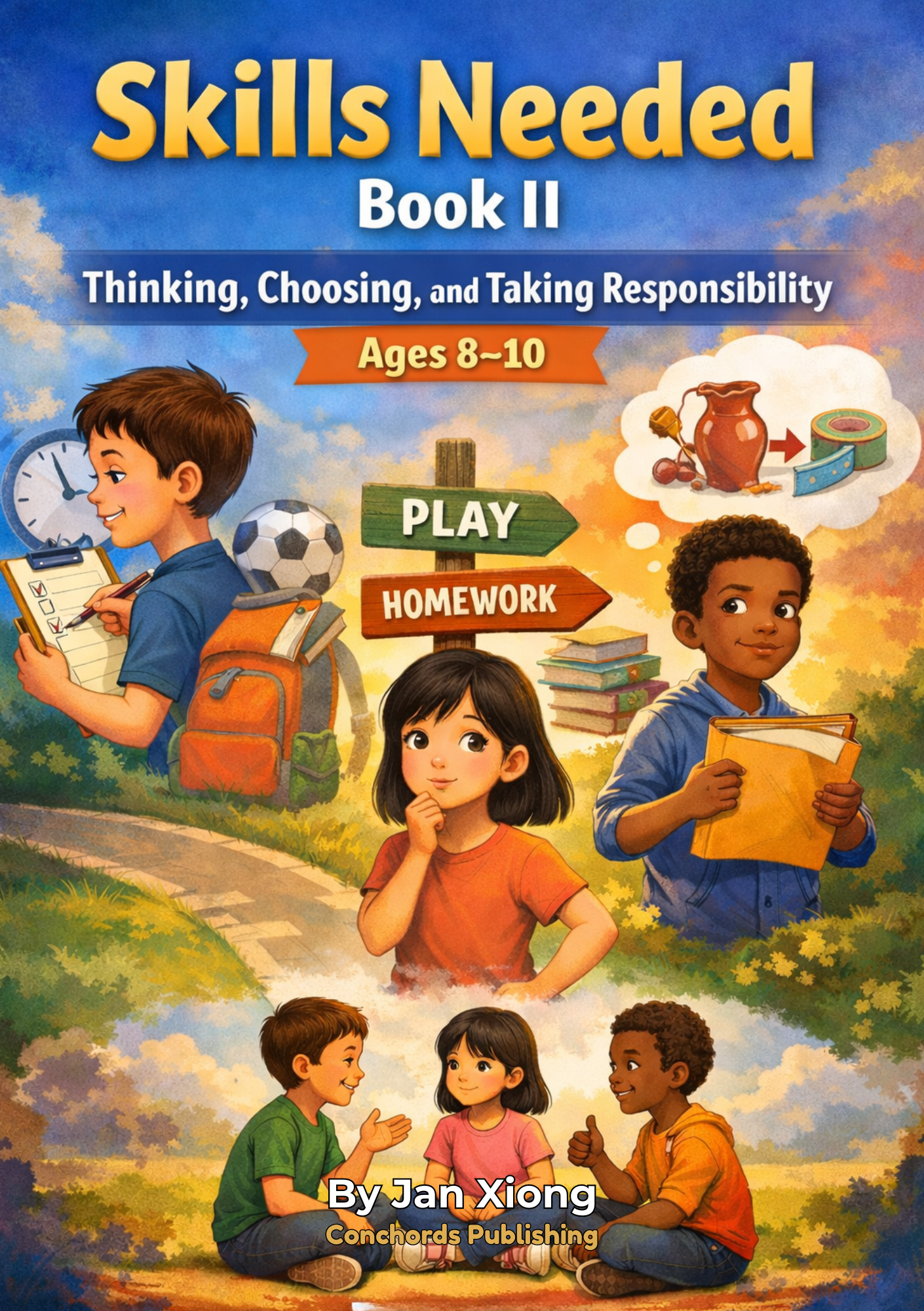 Cover of a children's educational book titled "Skills Needed Book 2: Thinking, Choosing, and Taking Responsibility" for ages 8-10, featuring four children engaged in various activities and a background of nature and a sunset.