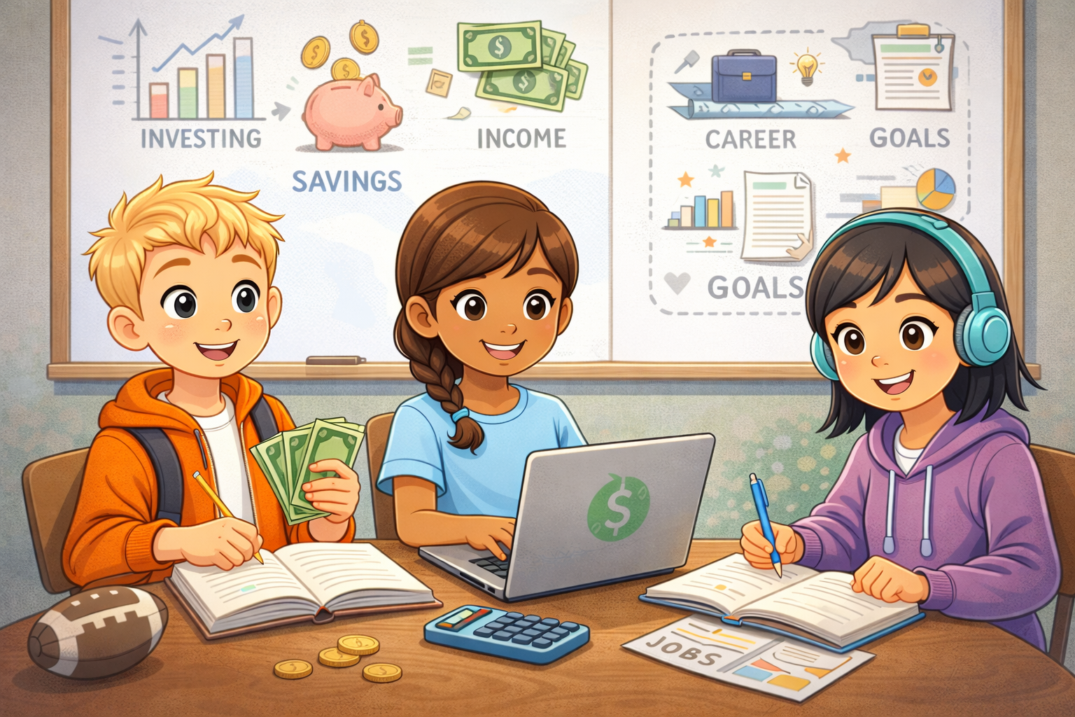 Three children sitting at a table engaged in a discussion about savings and financial goals, with a whiteboard in the background showing financial concepts like investing, income, career, and goals.