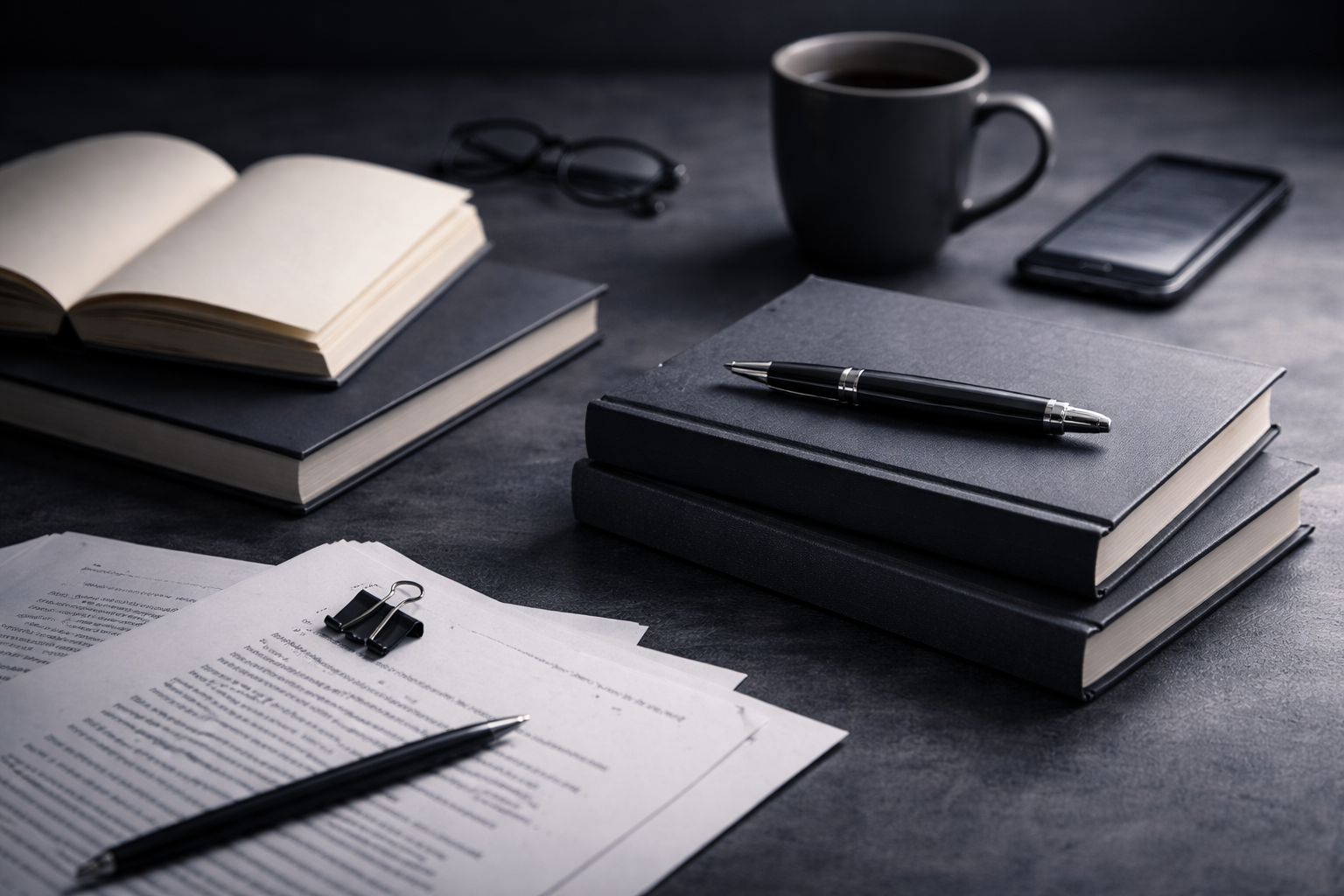 A desk with open and closed black notebooks, a black pen resting on one of the notebooks, a sheet of printed paper with a black pen on top, a pair of glasses, a black mug filled with coffee, a smartphone, and a pair of black glasses on a dark surface.