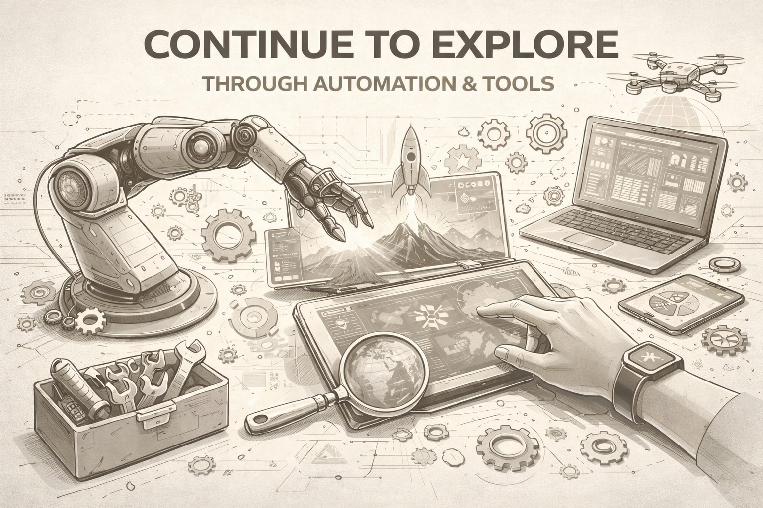 Sketch-style illustration of robotics, technology, and automation tools including a robotic arm, a drone, a laptop, a tablet with a magnifying glass, and various gears, with the text 'Continue to Explore Through Automation & Tools' at the top.