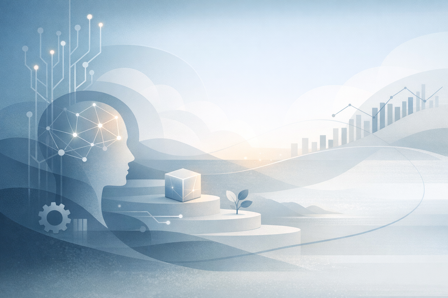 Digital illustration of a human head silhouette with a network of connected dots inside, a gear, a small plant, and a cube, with abstract graphs and charts in the background.