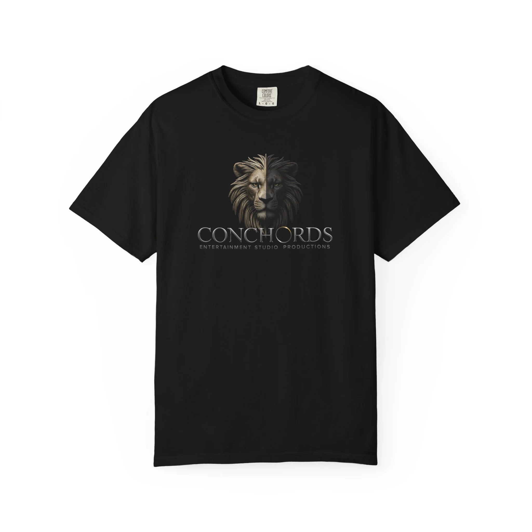Black T-shirt with a graphic of a lion's face, split between a light and dark side, and the text 'CONCHORDS' underneath, along with smaller text 'ENTERTAINMENT STUDIO PRODUCTIONS'.