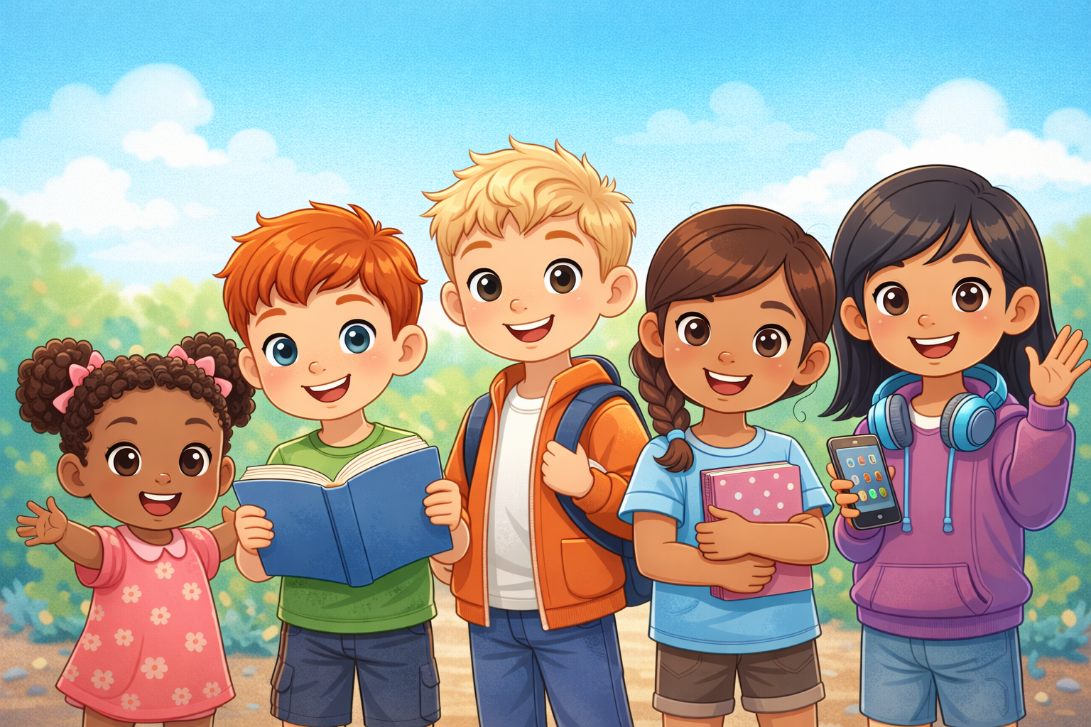 Illustration of five diverse children with different hair colors and styles, standing outdoors on a sunny day, smiling and waving, with trees and blue sky in the background.