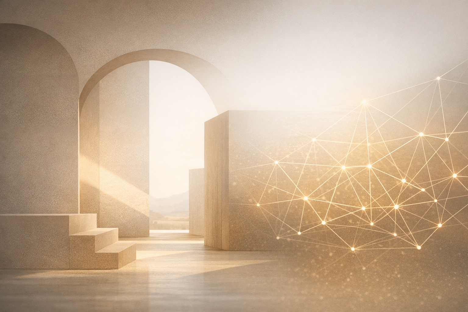 Futuristic minimalist interior with arched doorway, geometric shapes, and a digital network overlay.