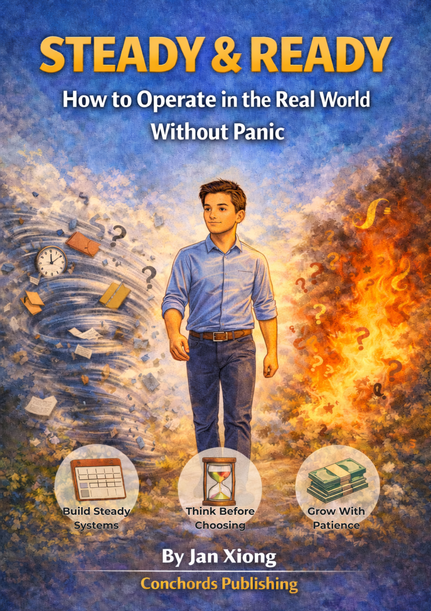 Book cover for "Steady & Ready" by Jan Xiong, showing a young man walking with symbols of time, books, and money, and imagery of a tornado and fire in the background.