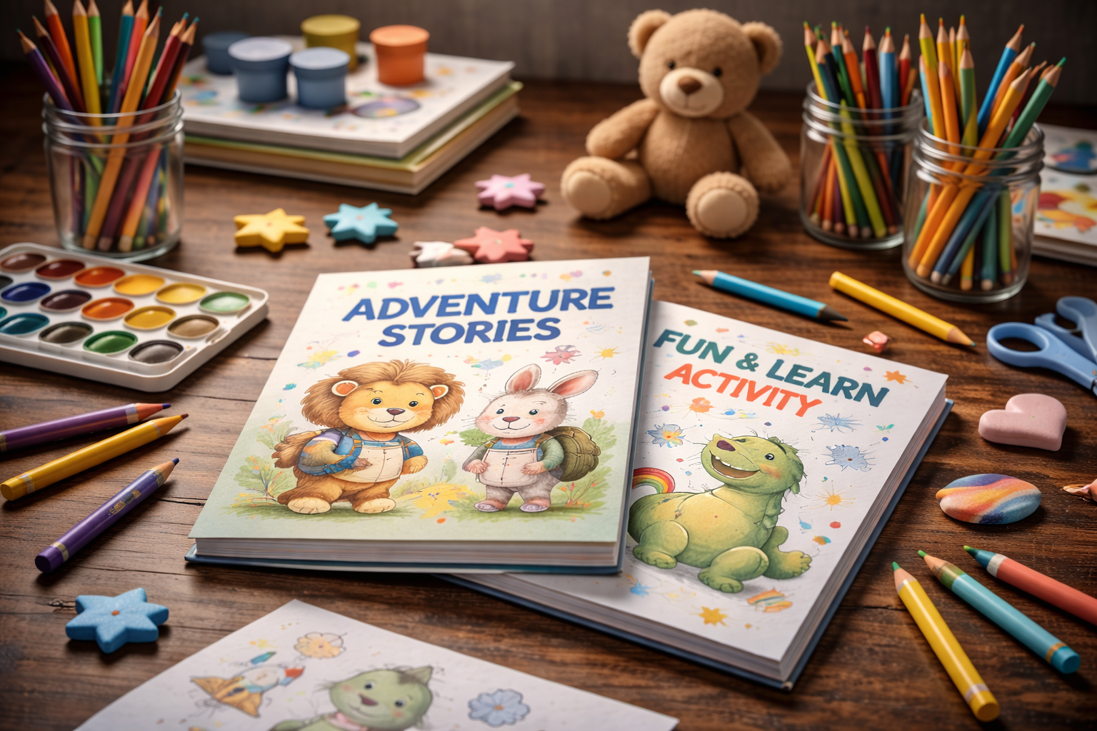Children's activity books titled 'Adventure Stories' and 'Fun & Learn Activity' surrounded by colored pencils, markers, watercolor paints, and various craft supplies on a wooden table.