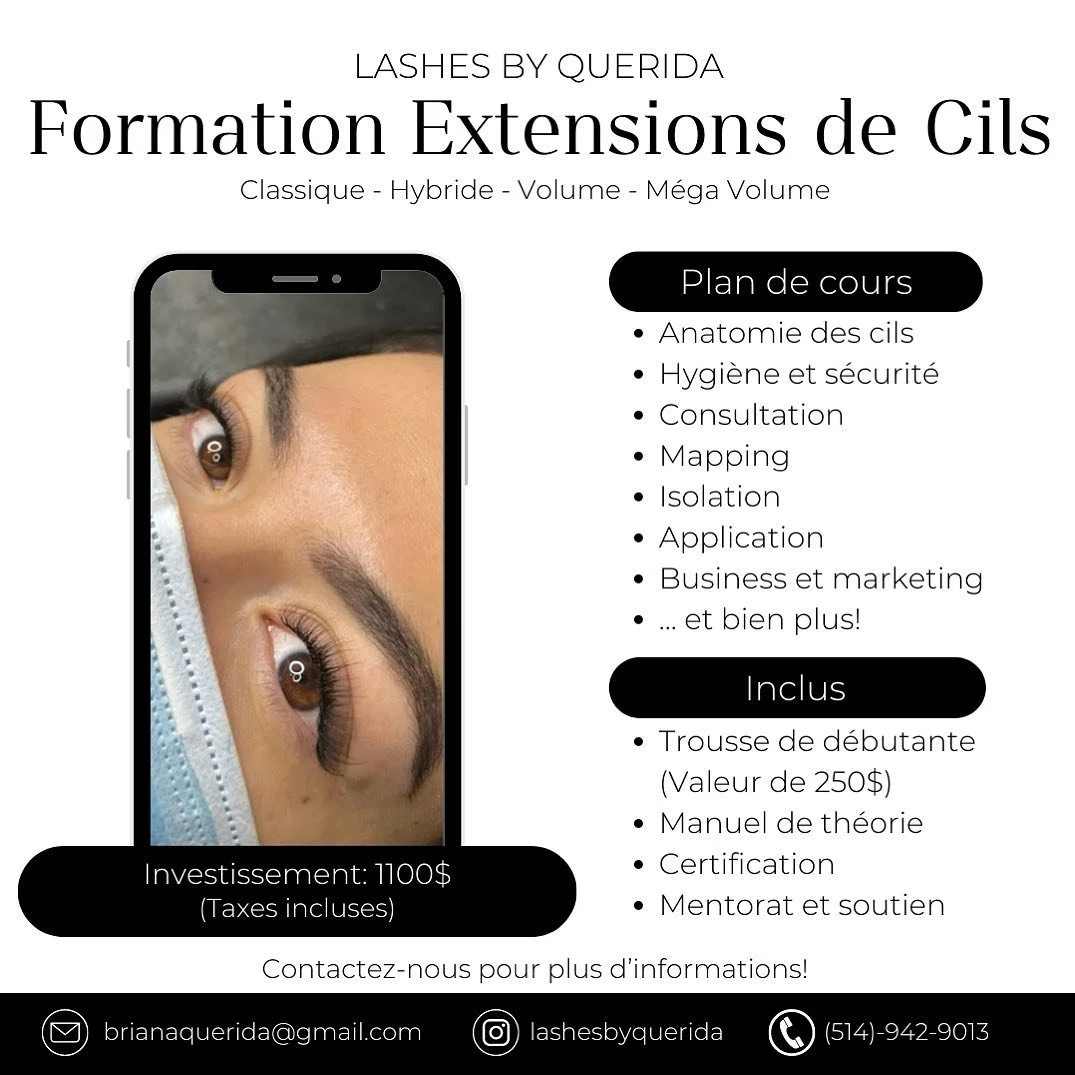 Apprenez l&rsquo;art des extensions de cils et devenez technicienne certifi&eacute;e! 🎓 
Lashes by Querida offre une formation compl&egrave;te (Classique - Hybride - Volume - M&eacute;ga Volume).

&bull; Formation priv&eacute;e (1:1 ou en groupe de 