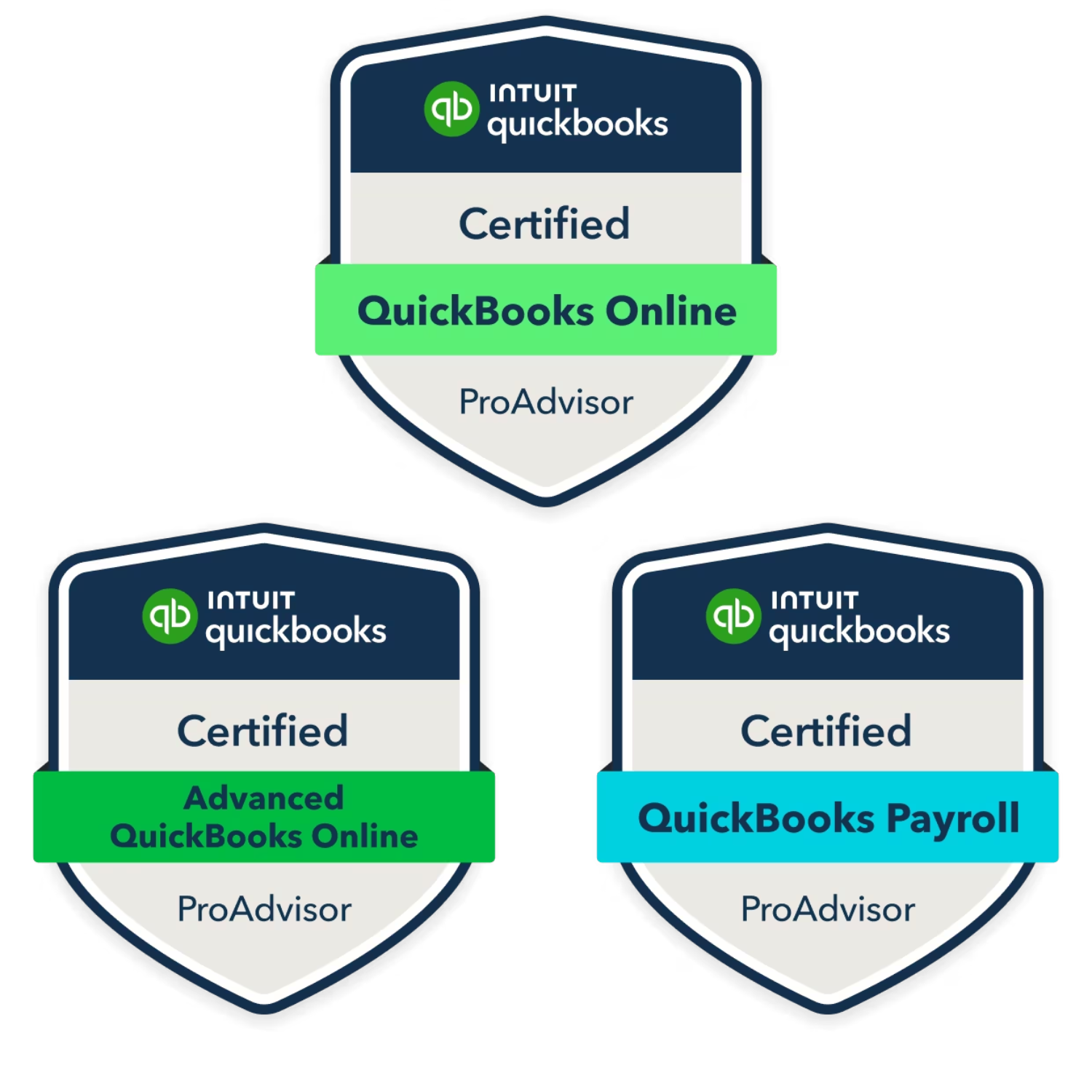 Three badges showing QuickBooks certifications: Top badge is for QuickBooks Online ProAdvisor, bottom left badge is for Advanced QuickBooks Online ProAdvisor, bottom right badge is for QuickBooks Payroll ProAdvisor.