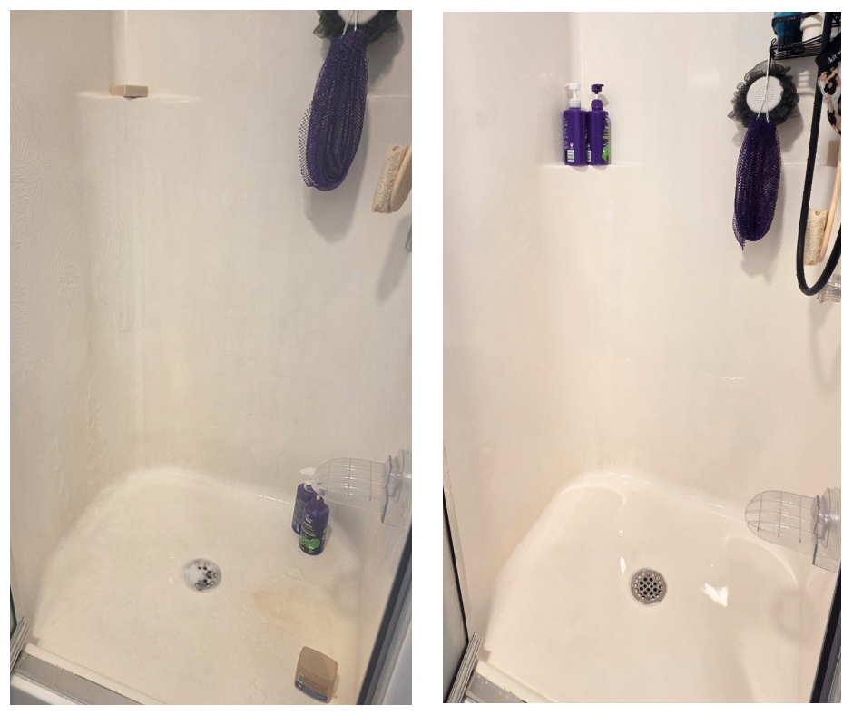 Comparison of a dirty shower stall before and after cleaning. The left side shows soap scum, stains, and a bottle of shampoo, while the right side shows a clean, shiny shower with no soap scum or stains.