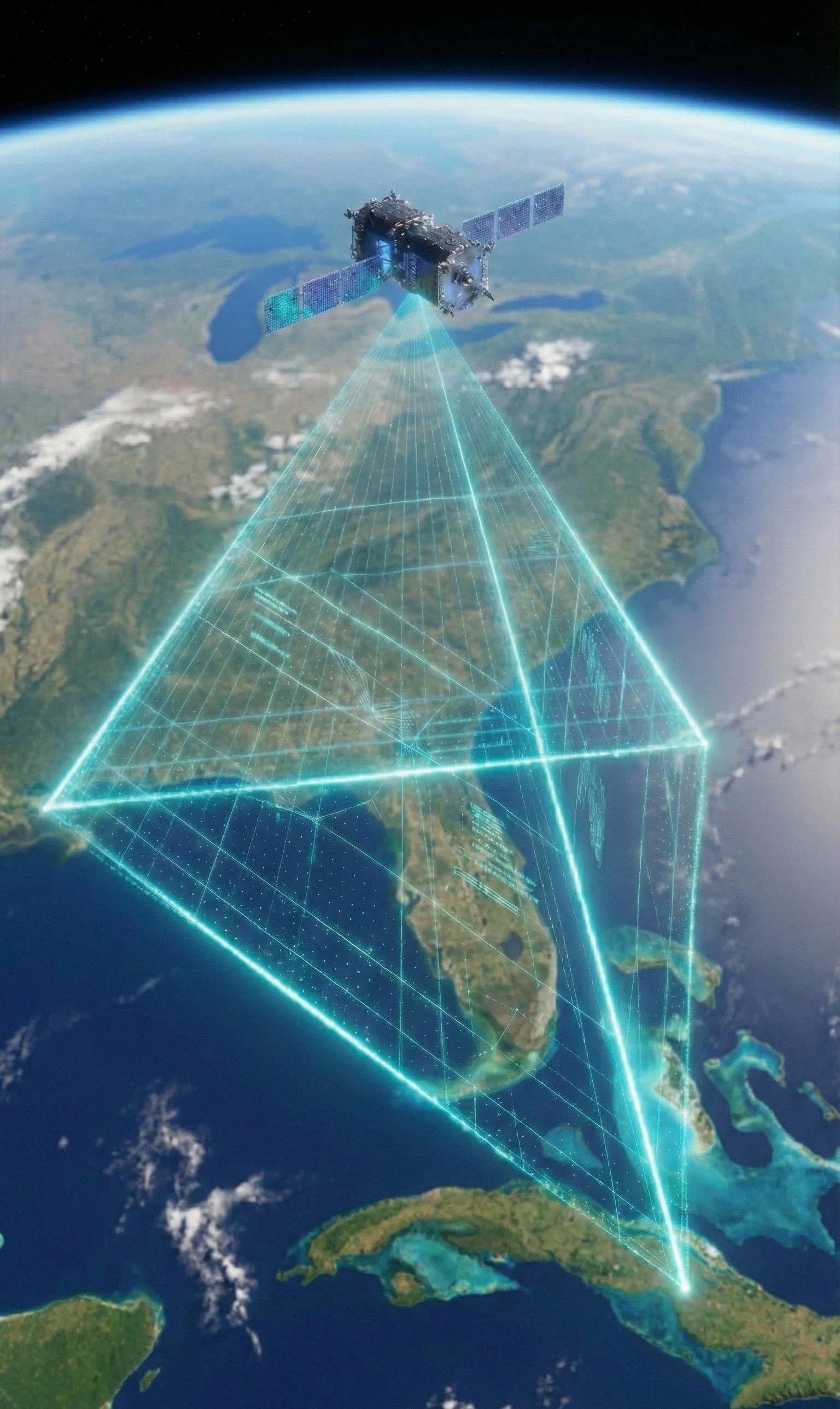 A satellite in space above the southeastern United States, projecting a digital hologram of a 3D triangular grid over Florida and surrounding areas, with Earth’s curvature visible in the background.