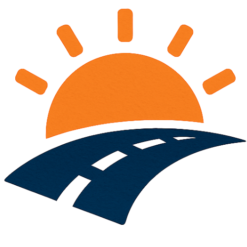 Illustration of a sunrise over a curved road with rays coming from the sun.