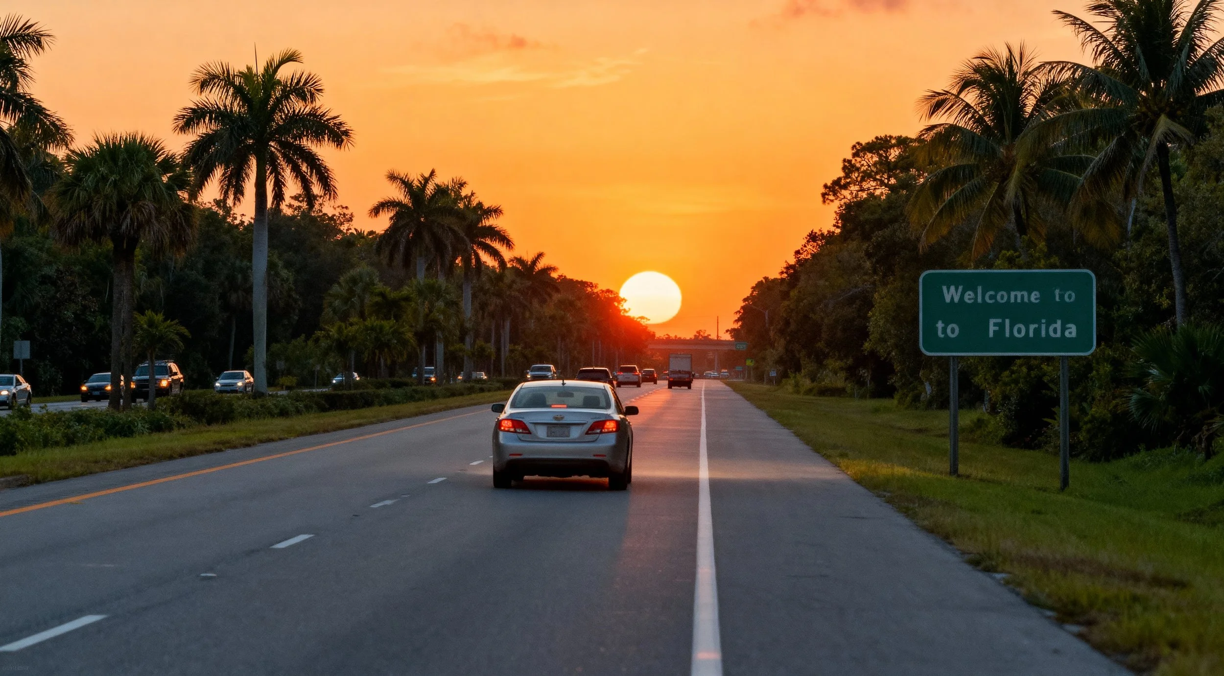 A highway with cars driving towards the sunset, with a green sign saying 'Welcome to Florida', palm trees lining the road, and a vibrant orange sunset in the sky.
