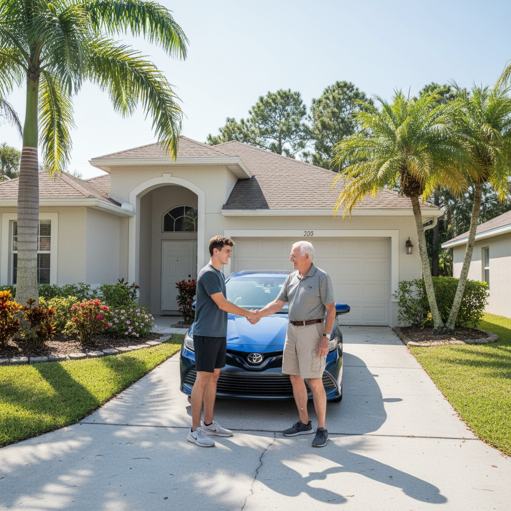 SunRunner Car Delivery: A young man and an older man shaking hands in front of a blue Toyota car parked on a driveway in front of a house with palm trees, greenery, and a well-maintained garden.