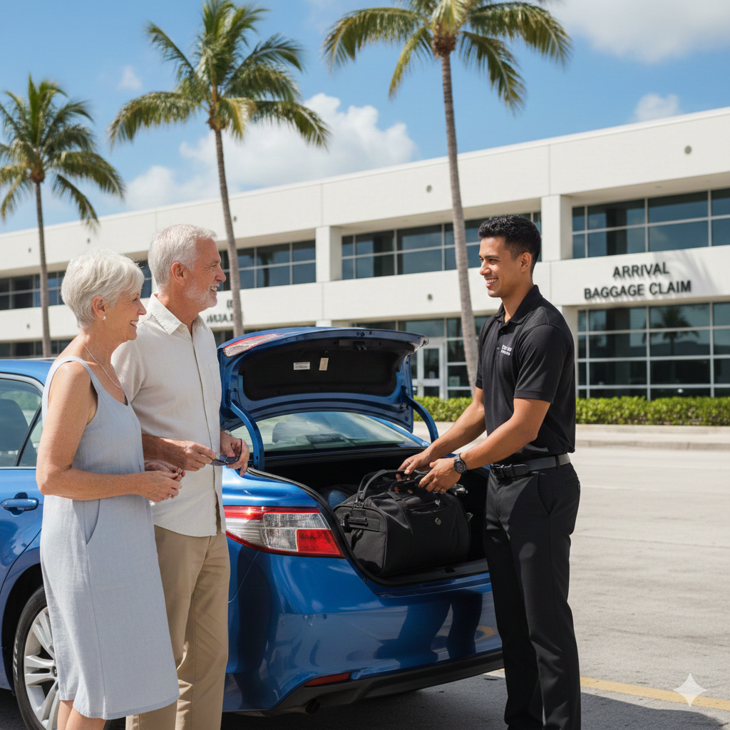Smiling young man helping elderly couple load luggage into the trunk of a blue car outside an airport building with a sign that reads 'Arrival Baggage Claim'.