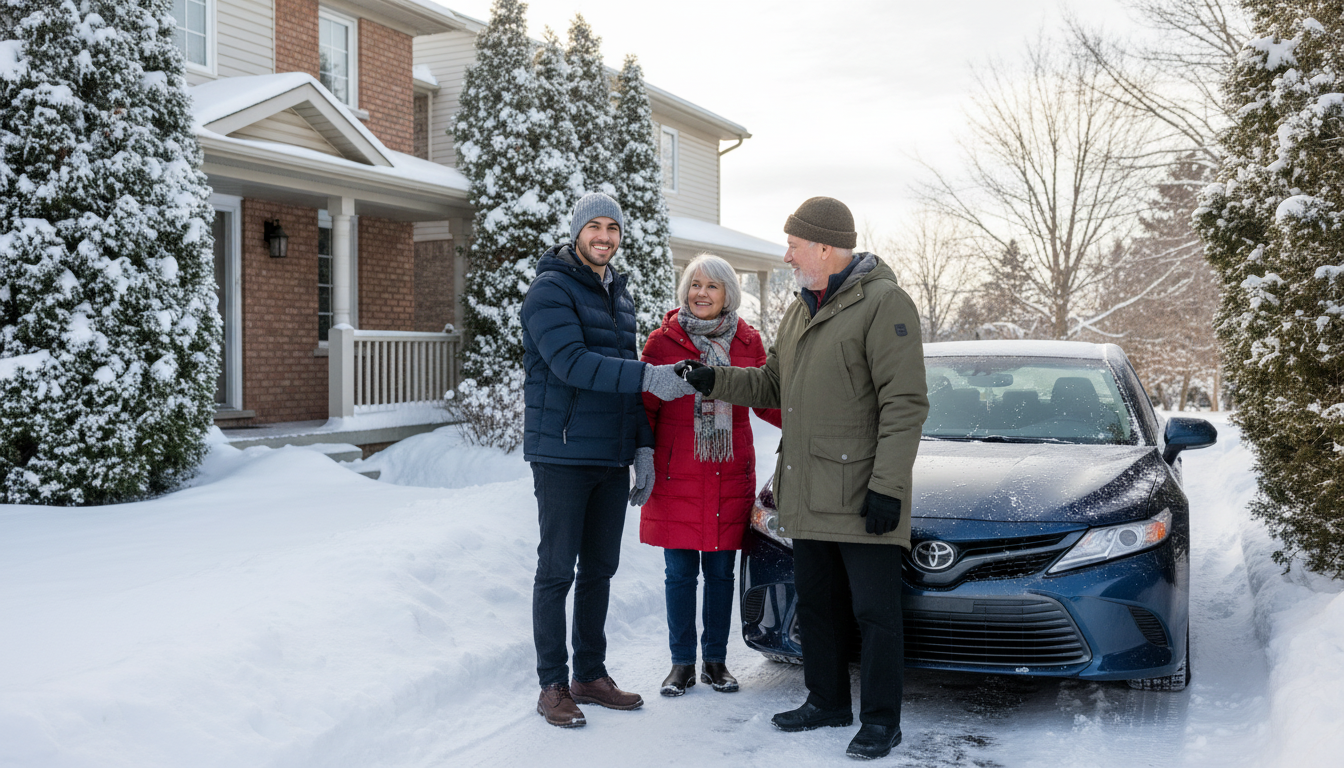 SunRunner car delivery: Three people, a young man, an elderly woman, and an elderly man, standing outdoors in snow in front of a house with a blue Toyota car. They are smiling and shaking hands, dressed in winter clothing.