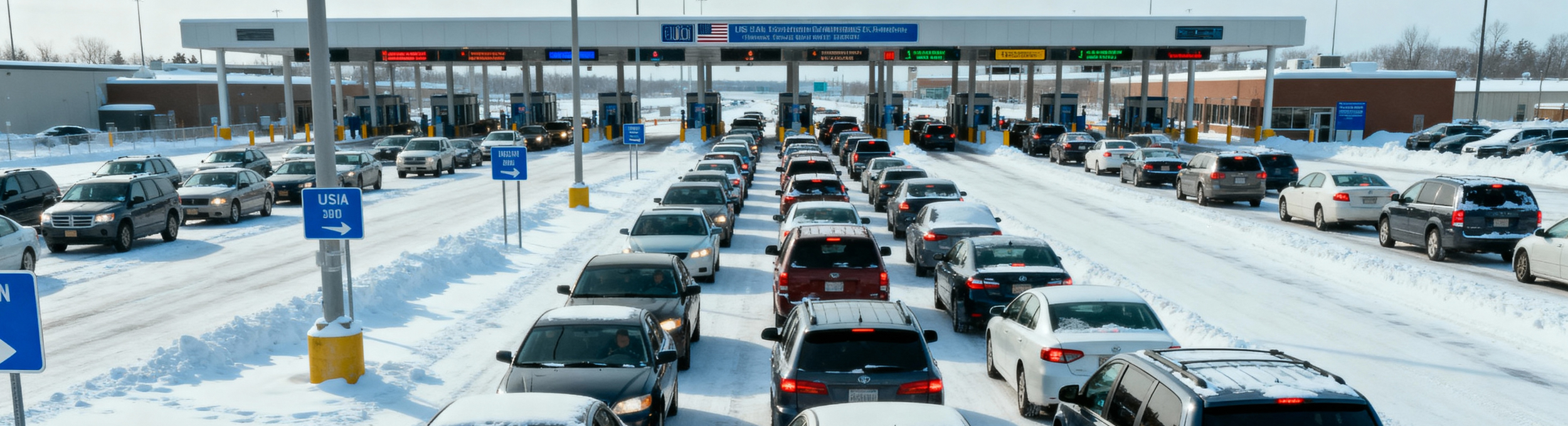 Cars lined up in multiple lanes at a toll booth on a snowy day, with signs indicating different lanes and payment options.