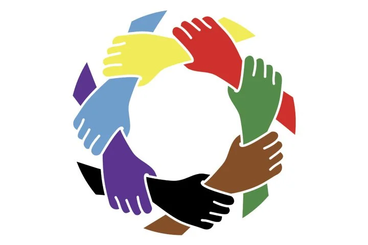Colorful illustration of interconnected hands forming a circle, representing diversity and unity.