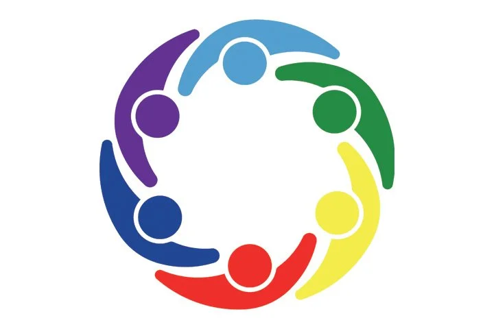 Colorful circular logo featuring simplified human figures in purple, blue, light blue, green, yellow, and red, holding hands to form a ring.