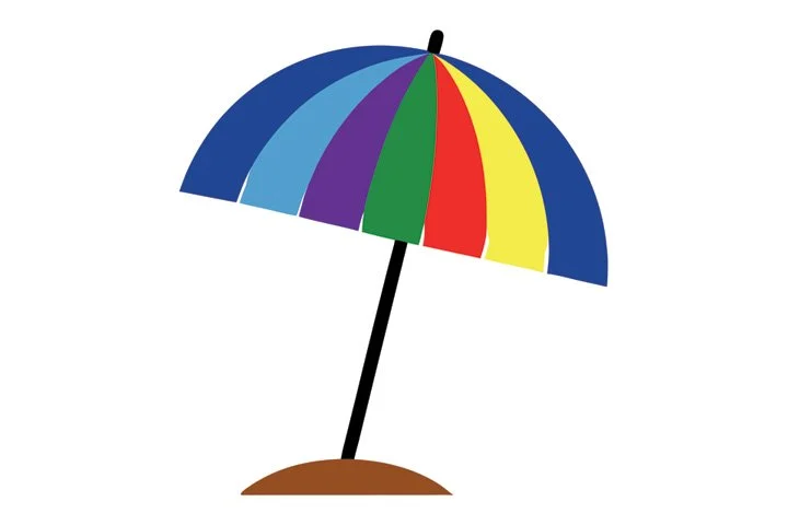 A colorful striped beach umbrella with a brown base on a white background.