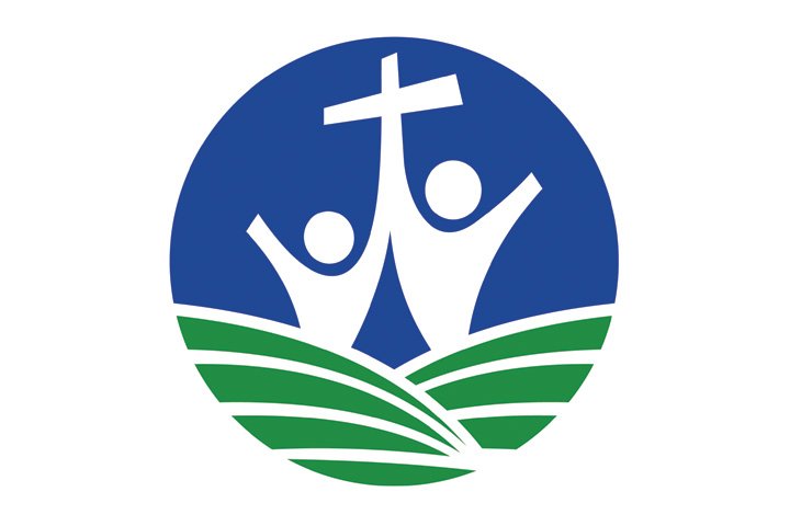 Logo with two stylized human figures holding a cross above green fields enclosed in a blue circle.