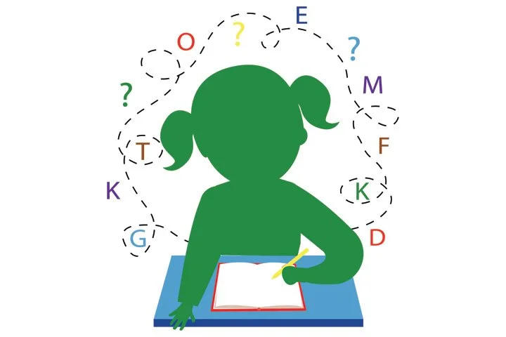 Silhouette of a girl with pigtails sitting at a table and writing in a book, surrounded by colorful letters and question marks.