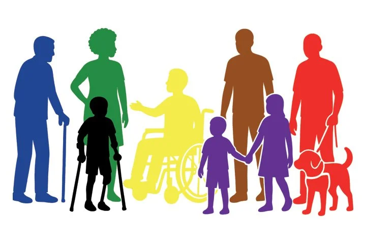 Silhouettes of diverse people, including elderly, children, a person in a wheelchair, and a person with a guide dog, in various colors.