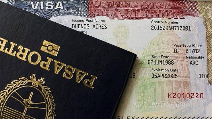 Pasaporte y visa en un fondo blanco con texto y números visibles.