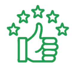 Green icon of a thumbs-up hand surrounded by six stars.