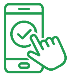 Outline of a smartphone with a checkmark on the screen and a hand tapping it.