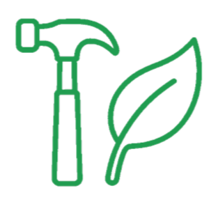 Outline drawing of a hammer and a leaf.