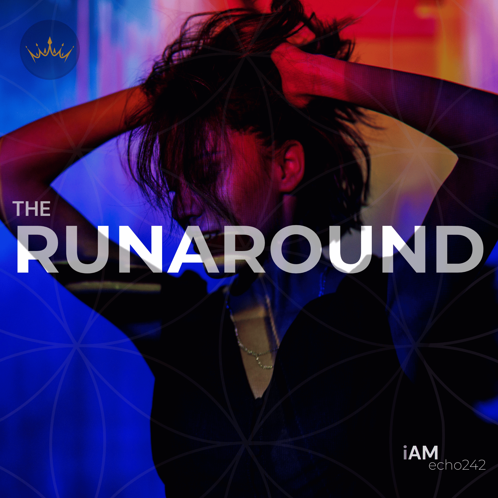Young woman dancing passionately with her hands on her head with the title "The Runaround" printed across the image.
